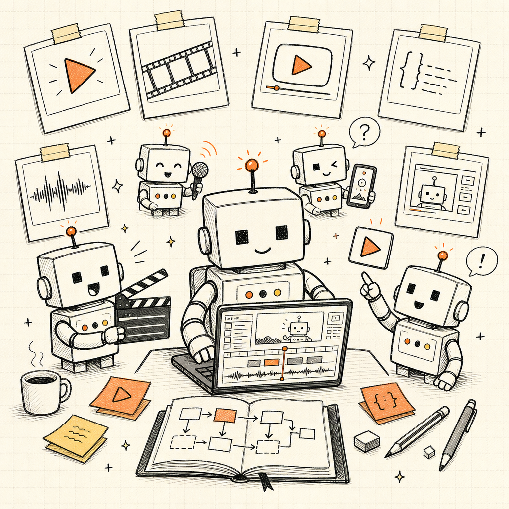 動画自動化を一緒に学ぶロボットたちの手描きイラスト